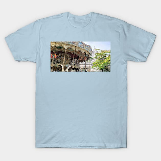 Paris Montmartre Carousel and Sacre-Coeur in Summer T-Shirt by BlackBeret